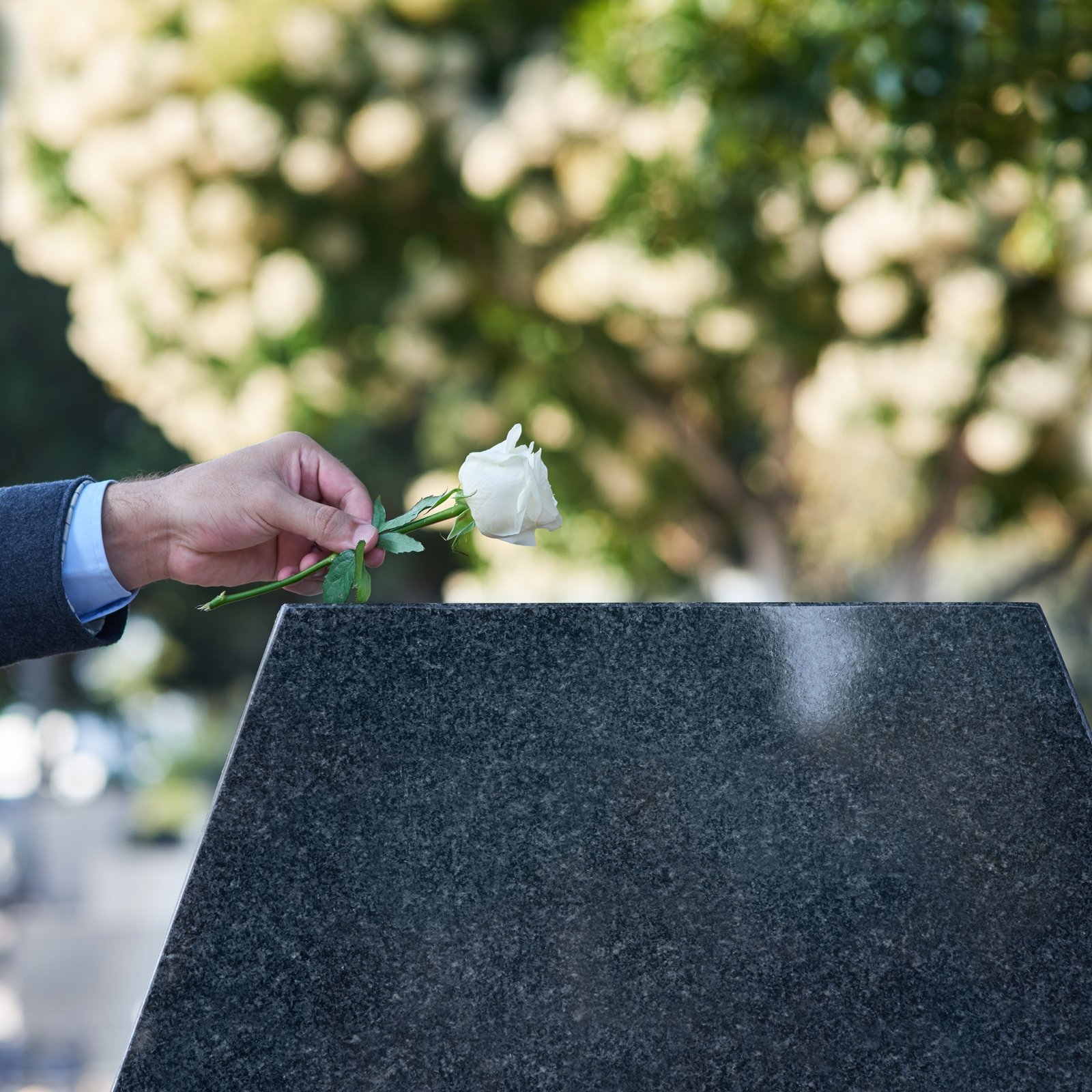 Love never quite leaves us. Cropped shot of a man placing a white rose on a grave.
